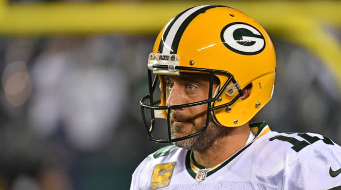 Packers quarterback Aaron Rodgers warms up before the game vs. the Eagles.